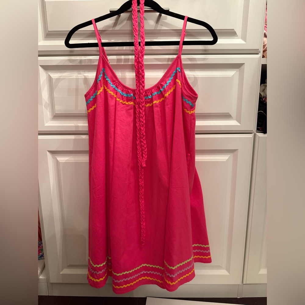 Olivia Rubin 100% cotton Pink Dress with Blue and Yellow Accents 4